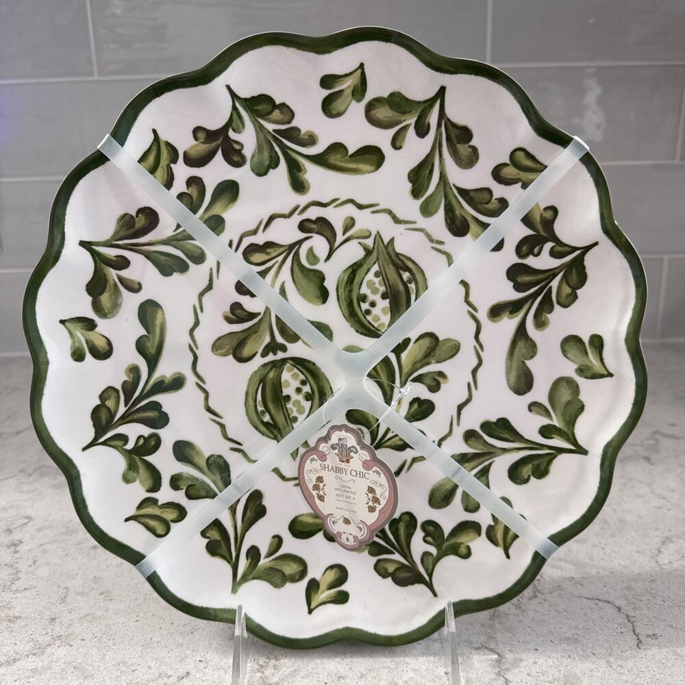 Set 4 11" Melamine Dinner Plates Green Scallop Botanical Cottage Shabby Chic NEW